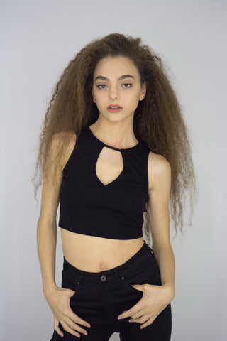 Ribbed Top with Cut Out Circle in Black, Tops,  Cocktail Black