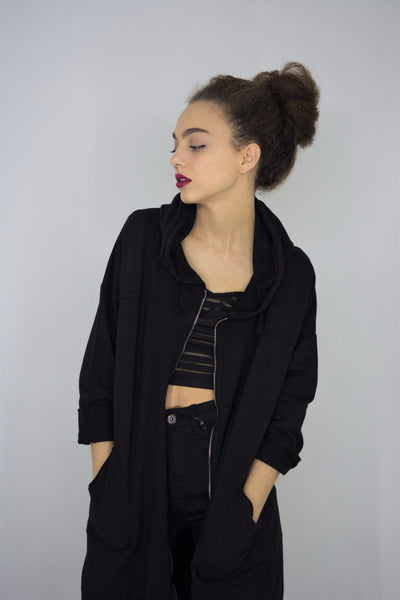Longline Hooded Cardigan in Black, Sweatshirts & Hoodies,  Cocktail Black