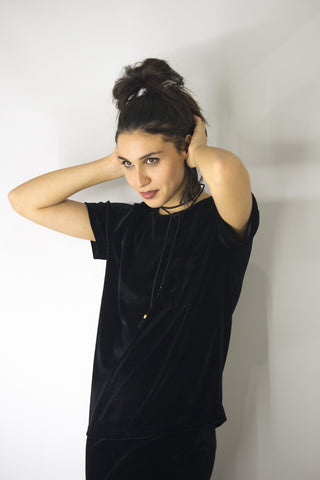 Velvet Shortsleeve Top with Pocket Detail in Black, Tops,  Cocktail Black