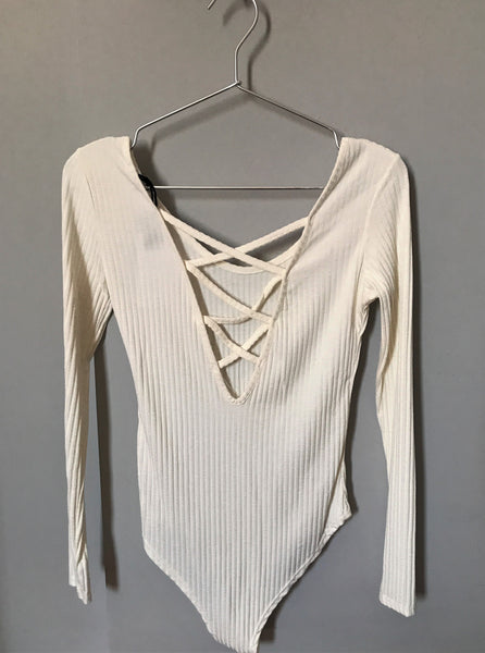 Longsleeve Bodysuit with Back Detail in Off-White Crème, Bodysuits & Bralettes,  Cocktail Black