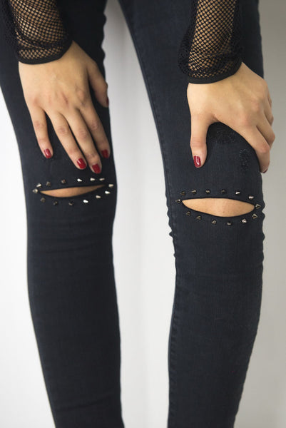 Jeans with Rips Design and  Studded Knee, pants & jeans,  Cocktail Black
