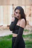 Open-shoulder Top with Sheer Stripes, Tops,  Cocktail Black
