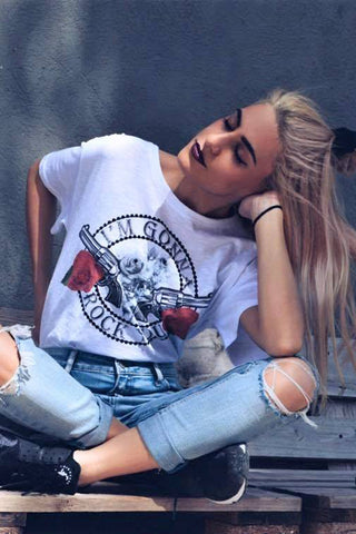 "I AM GONNA ROCK YOU" T-shirt with Black Strasses, Tops,  Cocktail Black