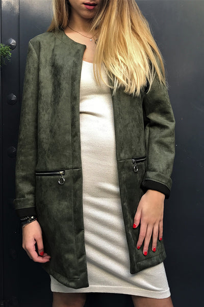 Faux Suede Coat with Zip Pockets - Olive Green, coats & jackets,  Cocktail Black