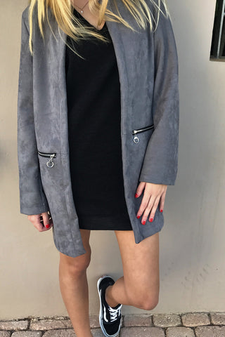 Faux Suede Coat with Zip Pockets - Gray, coats & jackets,  Cocktail Black