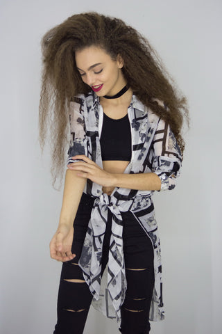 Long Shirt in Mixed Print with Zip Detail, Tops,  Cocktail Black