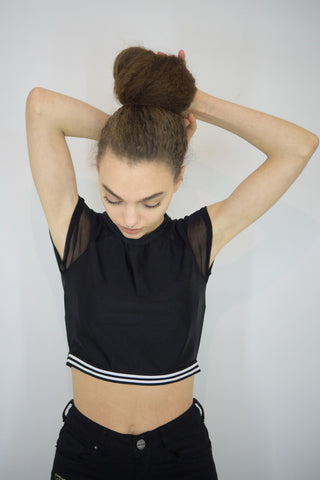 Active Top with Mesh Sleeves and Stripe Band, Tops,  Cocktail Black