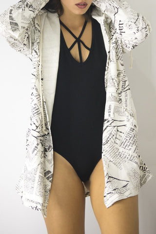 Oversized Open Cardigan with Hood in Black and White Print, Sweatshirts & Hoodies,  Cocktail Black