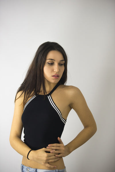 Ribbed Crop Top with Striped Details, Tops,  Cocktail Black