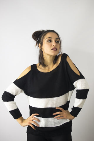 Cold-Shoulder Knit Top in Black with Thick White Stripes, sweaters,  Cocktail Black